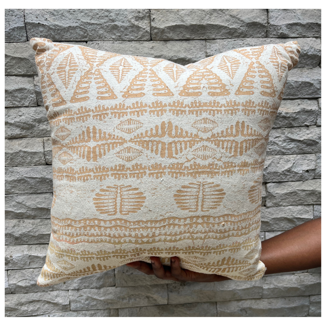 Hand Screen-Printed Beige Throw Pillow