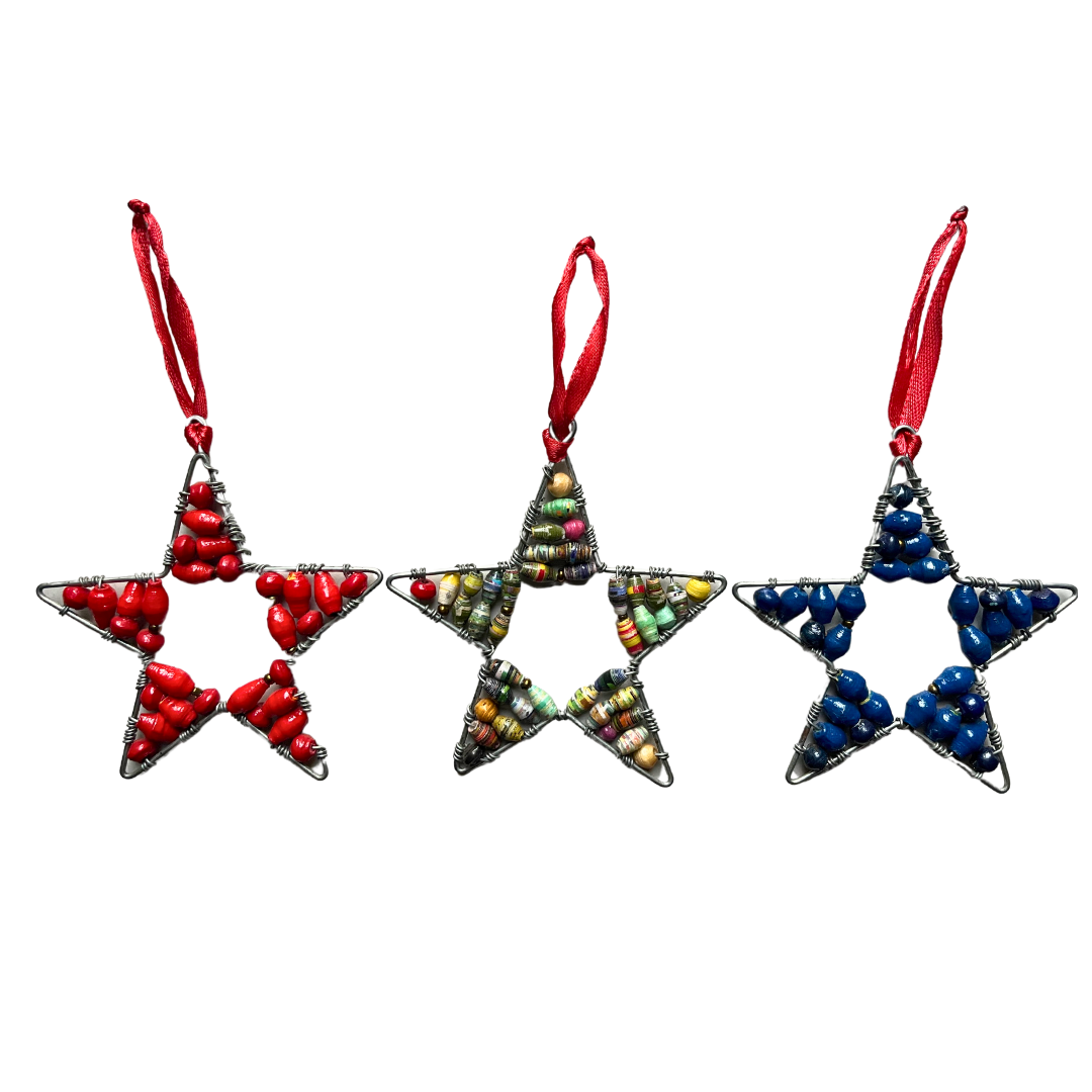 Recycled Paper Beaded Star Tree Ornaments