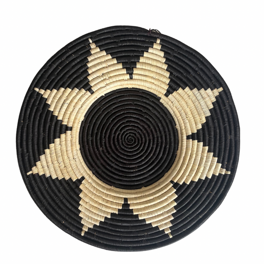 Flat Basket - Medium, Black & Natural Star/Flower Pattern